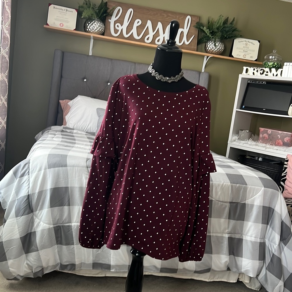 Burgundy and White Polk Dot Shirt